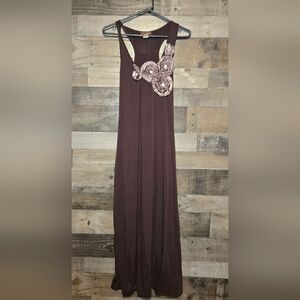 brown maxi dress with floral embellishment